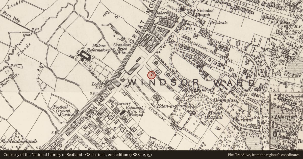 Ordnance Survey six-inch map, 2nd edition (1888–1915) covering the location of 9 Cranmore Avenue Belfast, with a pin at the register's coordinates