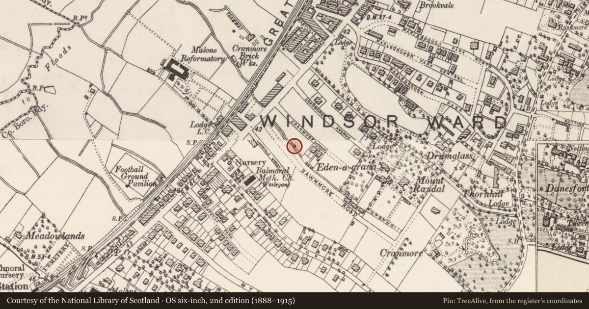 Ordnance Survey six-inch map, 2nd edition (1888–1915) covering the location of 2-8 Cranmore Gardens Belfast, with a pin at the register's coordinates
