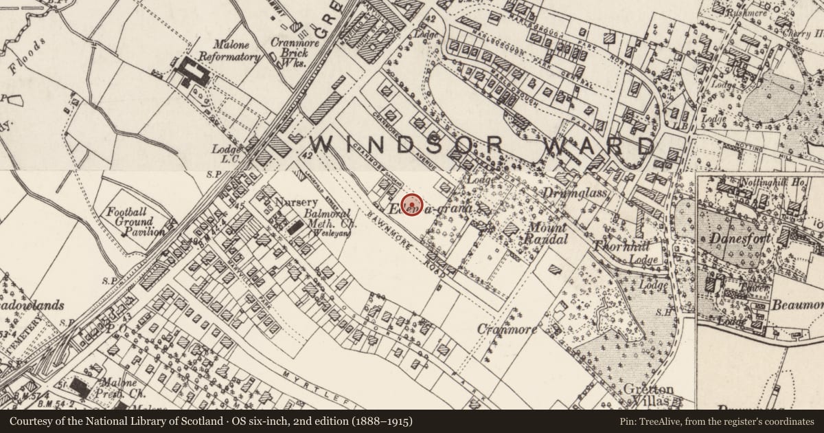 Ordnance Survey six-inch map, 2nd edition (1888–1915) covering the location of 35 Cranmore Gardens Belfast, with a pin at the register's coordinates