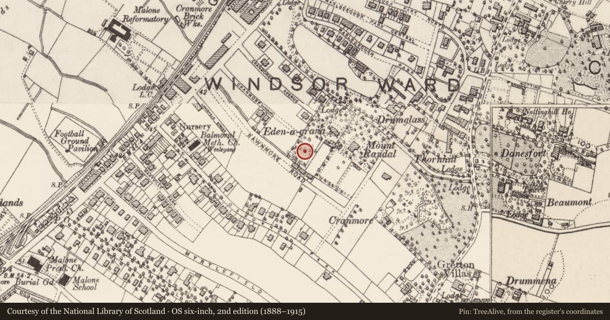 Ordnance Survey six-inch map, 2nd edition (1888–1915) covering the location of 47 Cranmore Gardens Belfast, with a pin at the register's coordinates