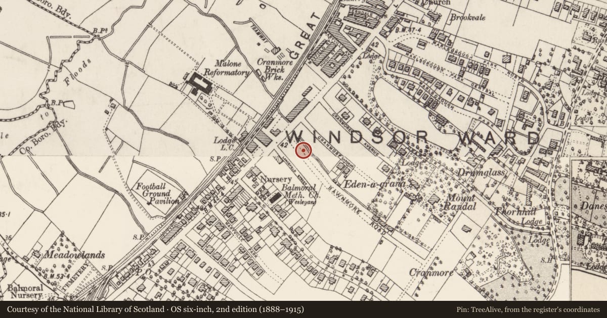 Ordnance Survey six-inch map, 2nd edition (1888–1915) covering the location of 2, 8, 10, 14 Bawnmore Road Belfast, with a pin at the register's coordinates