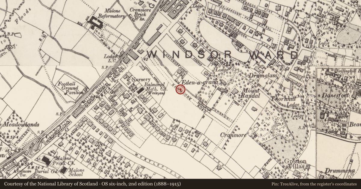 Ordnance Survey six-inch map, 2nd edition (1888–1915) covering the location of 32-38 Bawnmore Road Belfast, with a pin at the register's coordinates
