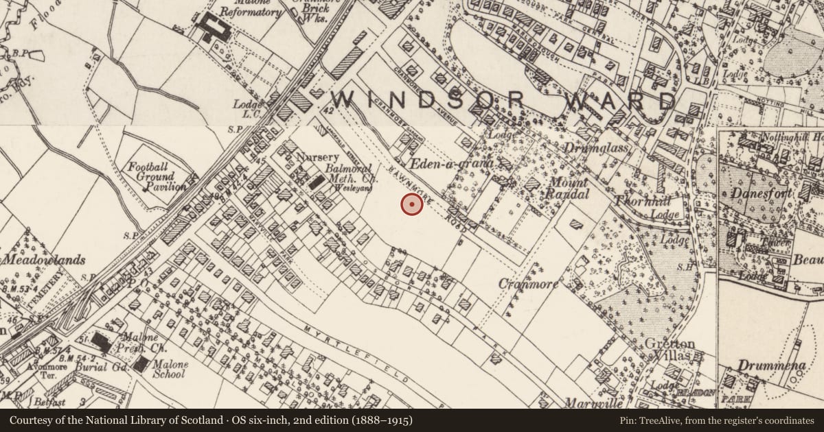 Ordnance Survey six-inch map, 2nd edition (1888–1915) covering the location of 45 Bawnmore Road Belfast, with a pin at the register's coordinates