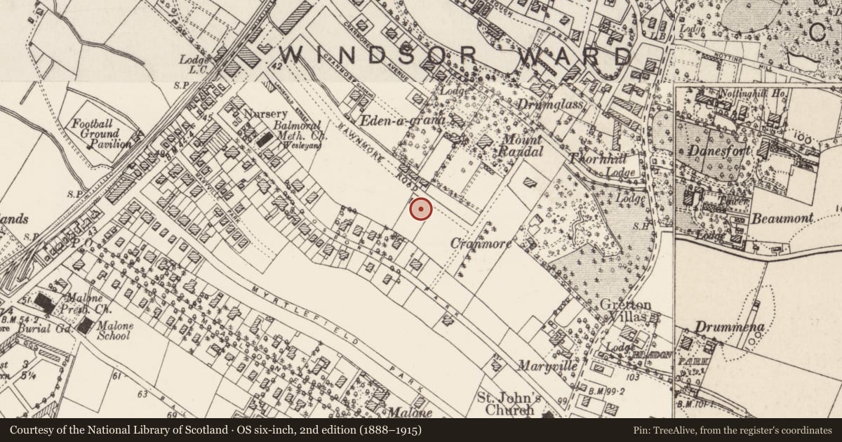 Ordnance Survey six-inch map, 2nd edition (1888–1915) covering the location of 63-65 Bawnmore Road, with a pin at the register's coordinates