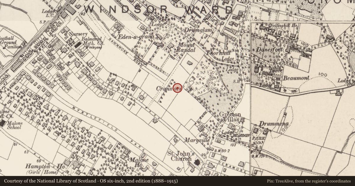 Ordnance Survey six-inch map, 2nd edition (1888–1915) covering the location of 74-76 Bawnmore Road Belfast, with a pin at the register's coordinates