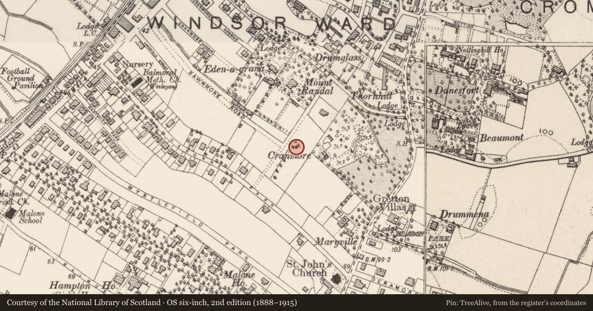 Ordnance Survey six-inch map, 2nd edition (1888–1915) covering the location of 14 & 16 Osborne Gardens Belfast, with a pin at the register's coordinates