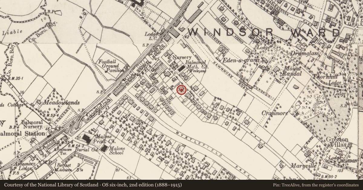 Ordnance Survey six-inch map, 2nd edition (1888–1915) covering the location of 25 & 27 Osborne Park Belfast, with a pin at the register's coordinates