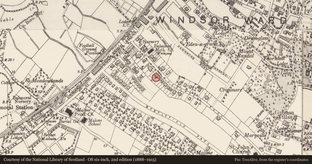 Ordnance Survey six-inch map, 2nd edition (1888–1915) covering the location of 31 Osborne Park Belfast, with a pin at the register's coordinates