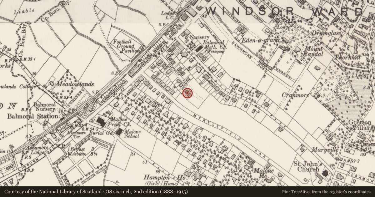 Ordnance Survey six-inch map, 2nd edition (1888–1915) covering the location of 21 Maryville Park "Lynwood" Belfast, with a pin at the register's coordinates