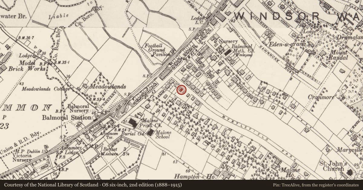Ordnance Survey six-inch map, 2nd edition (1888–1915) covering the location of 7 Myrtlefield Park Belfast, with a pin at the register's coordinates