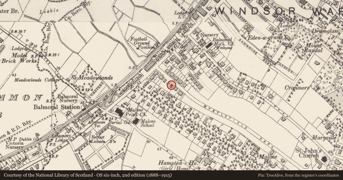 Ordnance Survey six-inch map, 2nd edition (1888–1915) covering the location of 11 Myrtlefield Park Belfast, with a pin at the register's coordinates