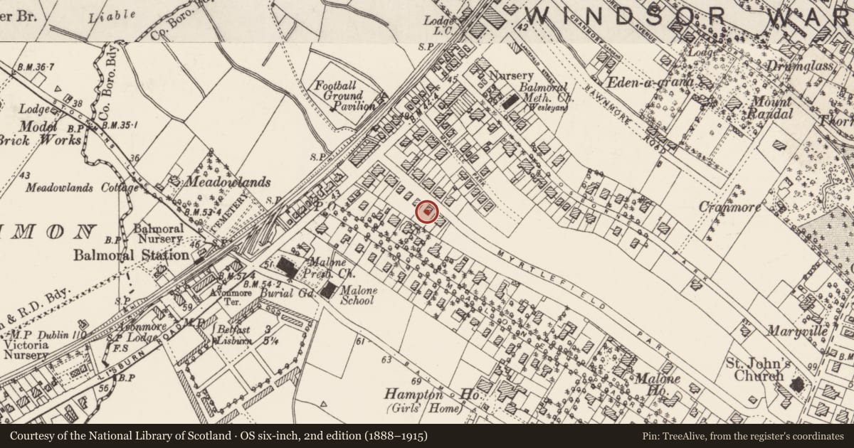 Ordnance Survey six-inch map, 2nd edition (1888–1915) covering the location of 13 Myrtlefield Park Belfast, with a pin at the register's coordinates