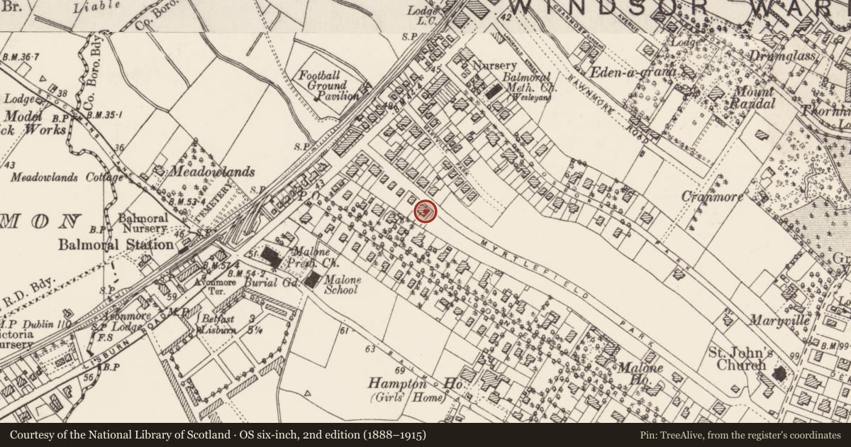 Ordnance Survey six-inch map, 2nd edition (1888–1915) covering the location of 15 & 17 Myrtlefield Park Belfast, with a pin at the register's coordinates