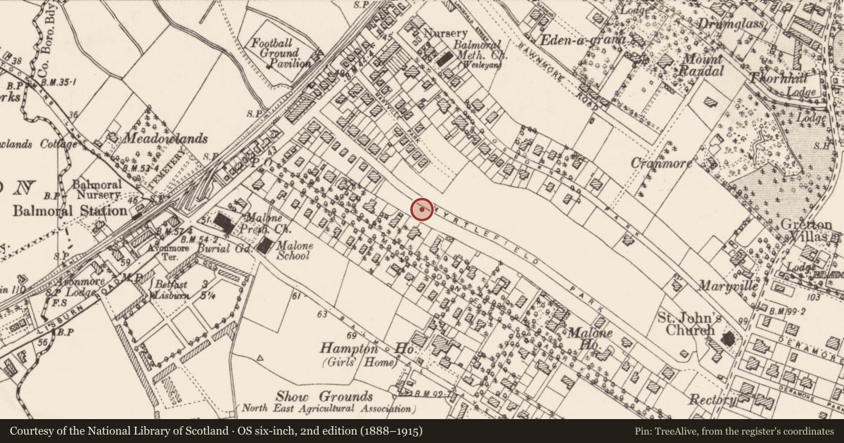 Ordnance Survey six-inch map, 2nd edition (1888–1915) covering the location of 25 Myrtlefield Park, with a pin at the register's coordinates