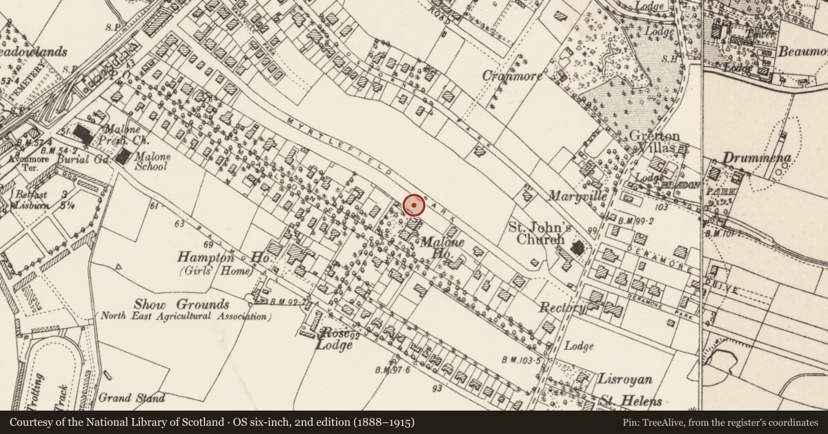 Ordnance Survey six-inch map, 2nd edition (1888–1915) covering the location of 49 Myrtlefield Park Belfast, with a pin at the register's coordinates