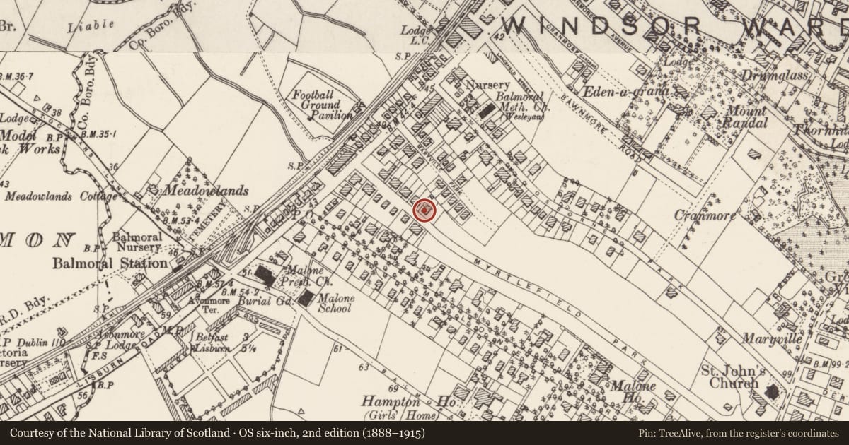 Ordnance Survey six-inch map, 2nd edition (1888–1915) covering the location of 16 Myrtlefield Park Belfast, with a pin at the register's coordinates