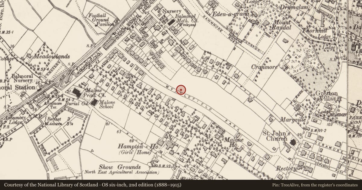 Ordnance Survey six-inch map, 2nd edition (1888–1915) covering the location of 32 Myrtlefield Park, with a pin at the register's coordinates
