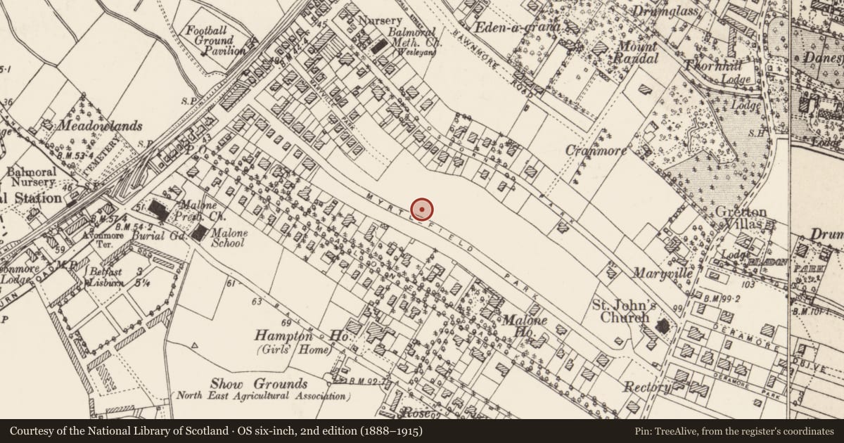 Ordnance Survey six-inch map, 2nd edition (1888–1915) covering the location of 36 Myrtlefield Park Belfast, with a pin at the register's coordinates
