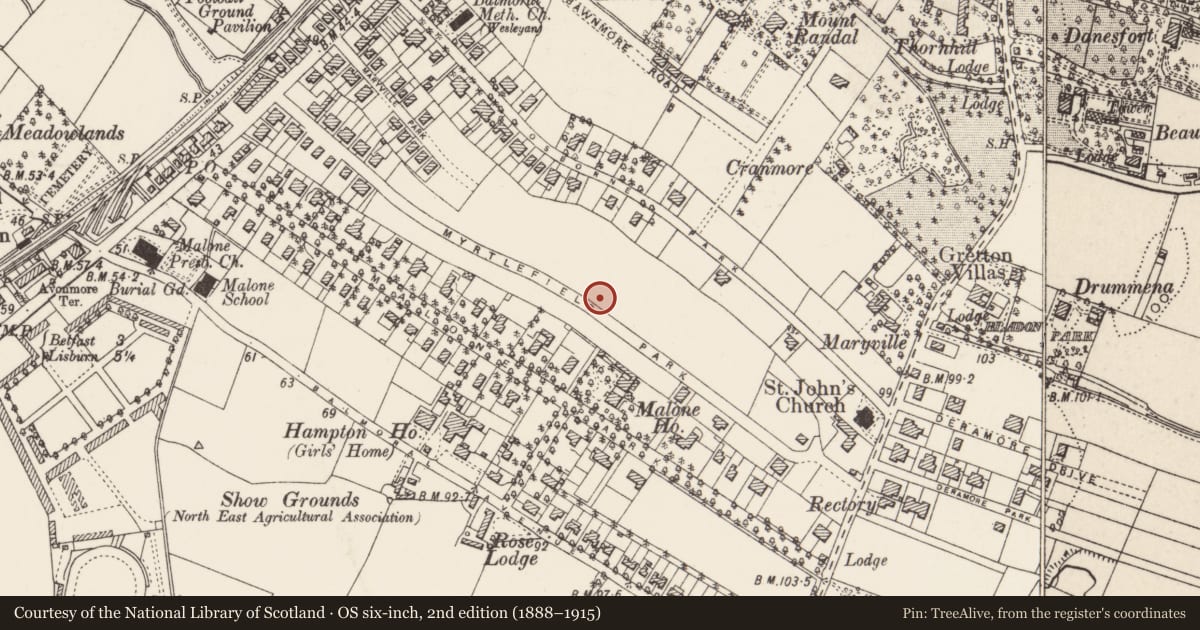 Ordnance Survey six-inch map, 2nd edition (1888–1915) covering the location of 42 Myrtlefield Park Belfast, with a pin at the register's coordinates