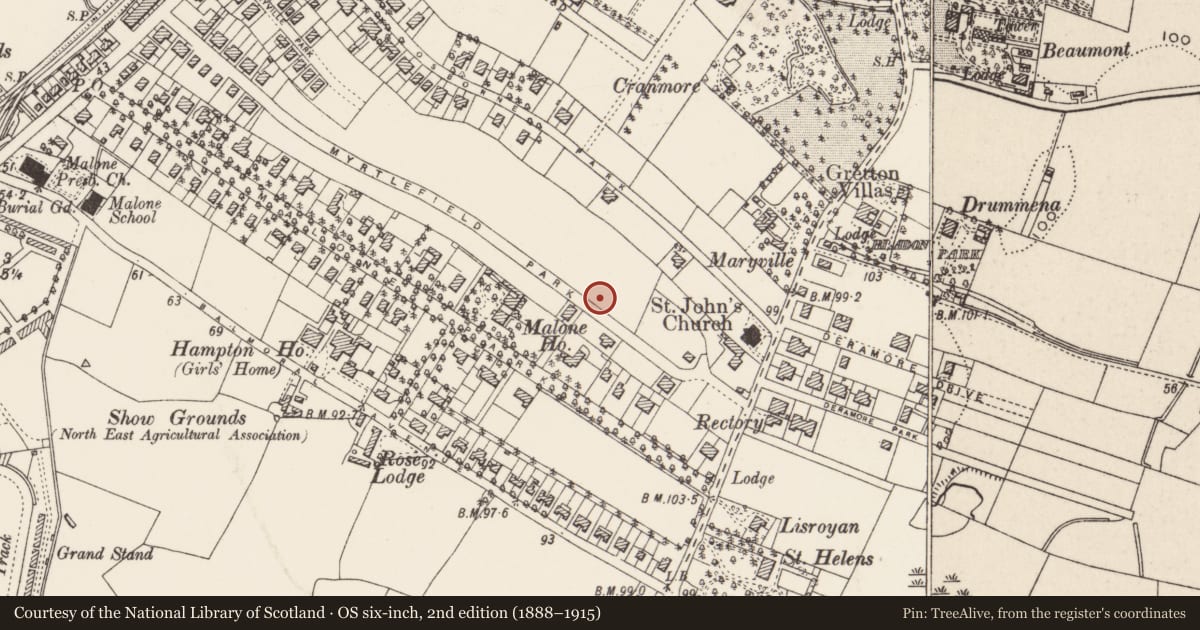 Ordnance Survey six-inch map, 2nd edition (1888–1915) covering the location of 58 Myrtlefield Park Belfast, with a pin at the register's coordinates