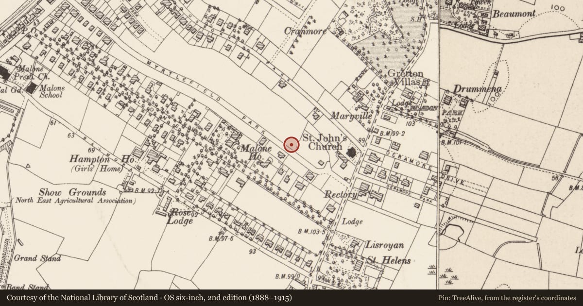 Ordnance Survey six-inch map, 2nd edition (1888–1915) covering the location of 62 Myrtlefield Park Belfast, with a pin at the register's coordinates