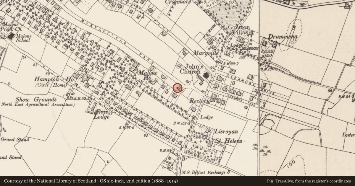 Ordnance Survey six-inch map, 2nd edition (1888–1915) covering the location of 67 Myrtlefield Park Belfast, with a pin at the register's coordinates