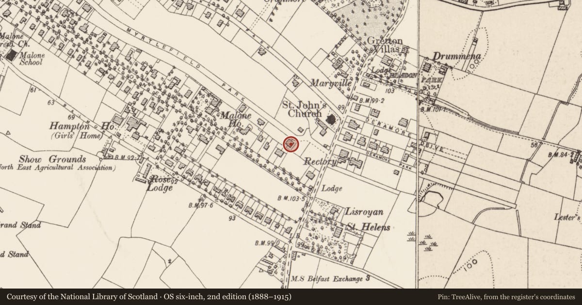 Ordnance Survey six-inch map, 2nd edition (1888–1915) covering the location of 69 & 71 Myrtlefield Park Belfast, with a pin at the register's coordinates