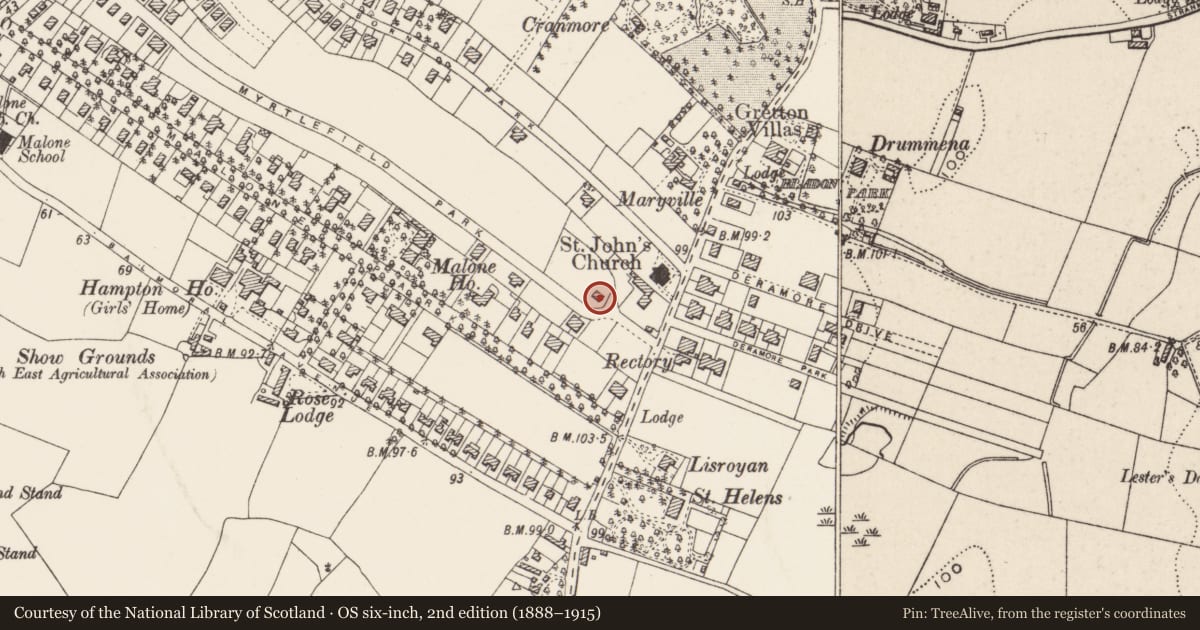 Ordnance Survey six-inch map, 2nd edition (1888–1915) covering the location of 70 Myrtlefield Park Belfast, with a pin at the register's coordinates