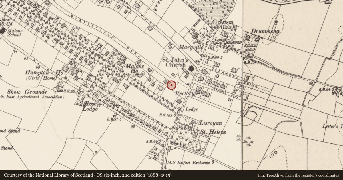 Ordnance Survey six-inch map, 2nd edition (1888–1915) covering the location of 73 Myrtlefield Park Belfast, with a pin at the register's coordinates