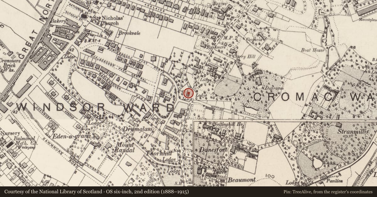 Ordnance Survey six-inch map, 2nd edition (1888–1915) covering the location of 87 Malone Road Belfast, with a pin at the register's coordinates
