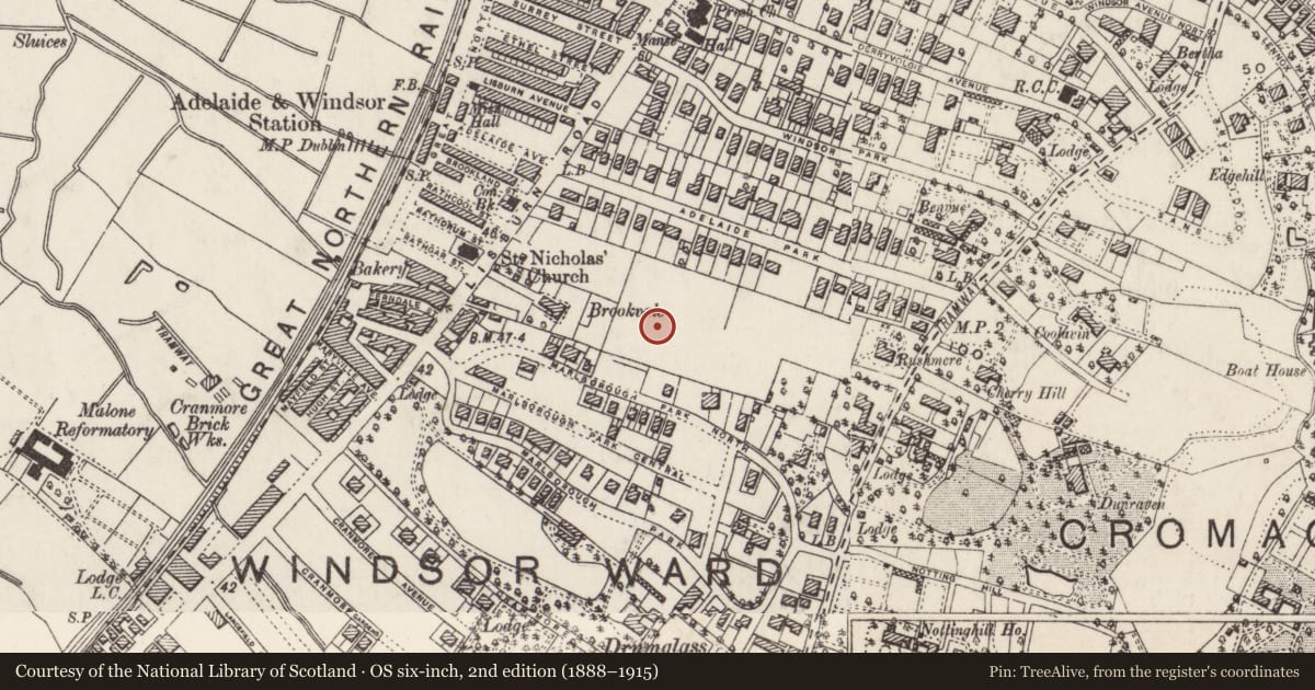 Ordnance Survey six-inch map, 2nd edition (1888–1915) covering the location of 17 Cadogan Park Belfast, with a pin at the register's coordinates