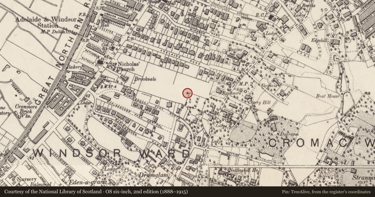 Ordnance Survey six-inch map, 2nd edition (1888–1915) covering the location of 35 Cadogan Park Belfast, with a pin at the register's coordinates