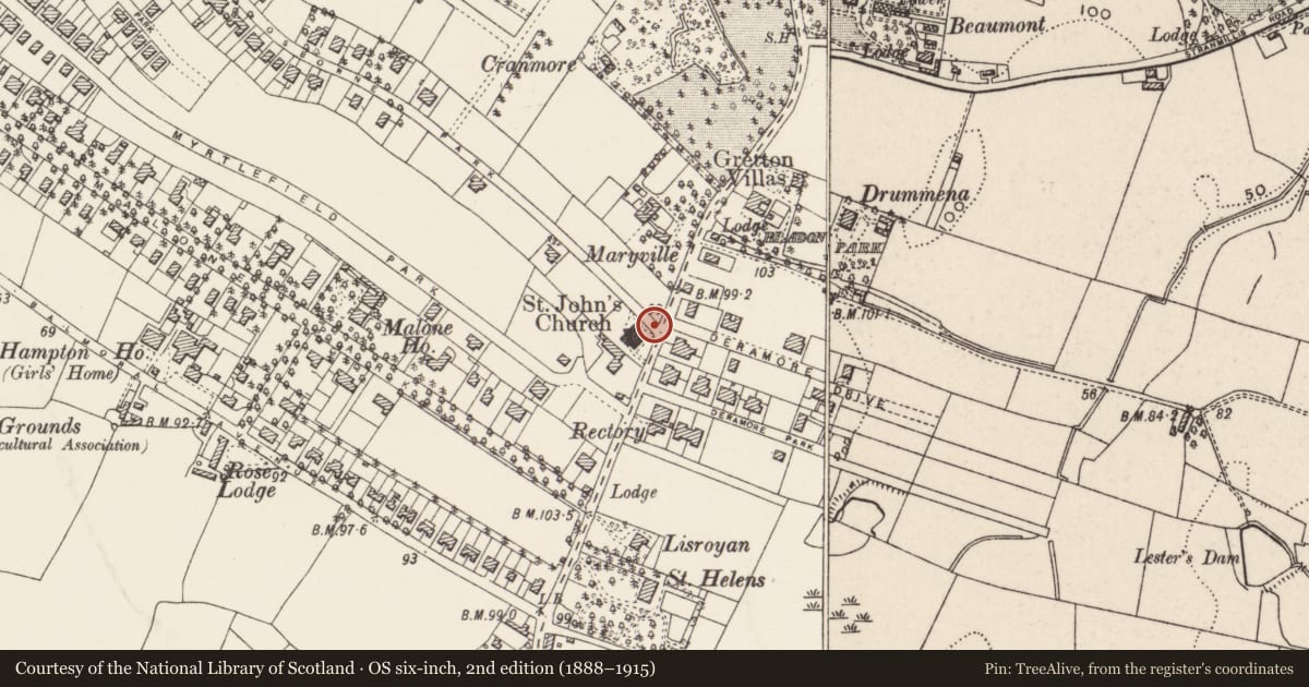 Ordnance Survey six-inch map, 2nd edition (1888–1915) covering the location of Cast iron post on Osborne Park, near corner with Malone Road, with a pin at the register's coordinates