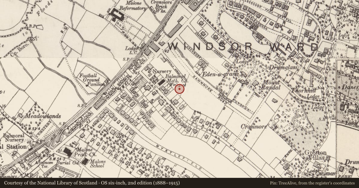 Ordnance Survey six-inch map, 2nd edition (1888–1915) covering the location of Street sign at Osborne Drive, outside No 27A Osborne Drive, with a pin at the register's coordinates