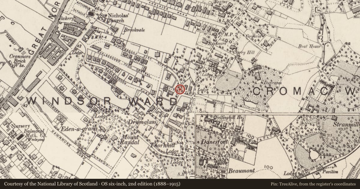 Ordnance Survey six-inch map, 2nd edition (1888–1915) covering the location of Street sign at Marlborough Park North (1), with a pin at the register's coordinates