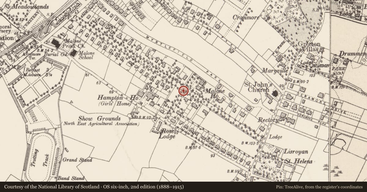 Ordnance Survey six-inch map, 2nd edition (1888–1915) covering the location of Post Box, Malone Lower, Belfast, with a pin at the register's coordinates