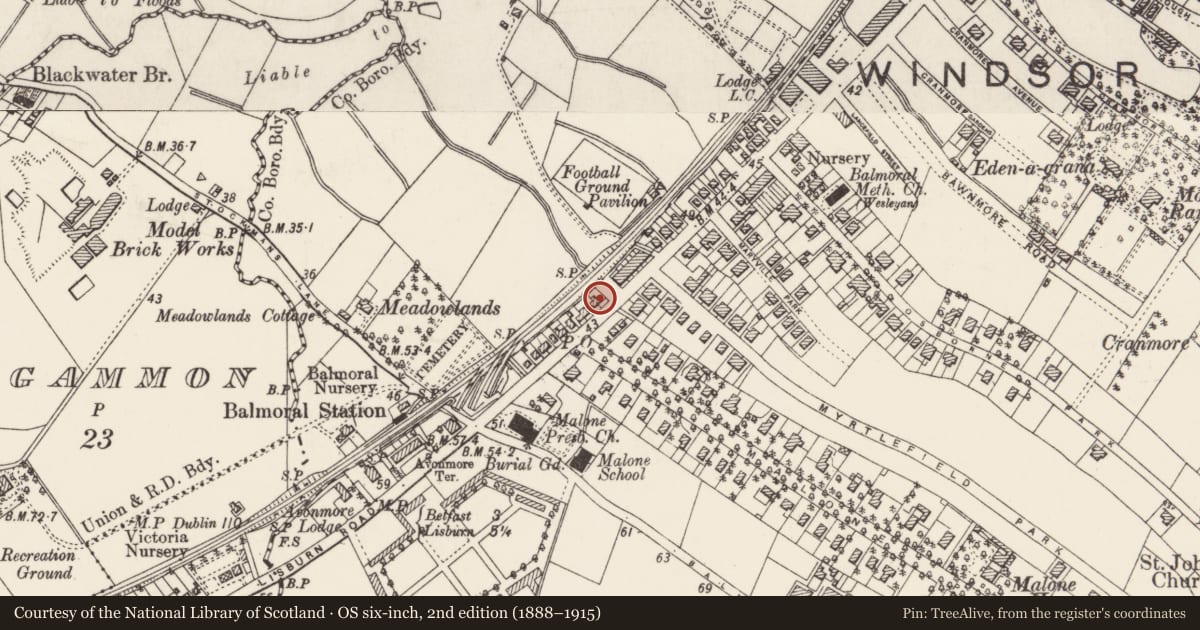 Ordnance Survey six-inch map, 2nd edition (1888–1915) covering the location of Post Box, Malone Upper, Belfast, with a pin at the register's coordinates