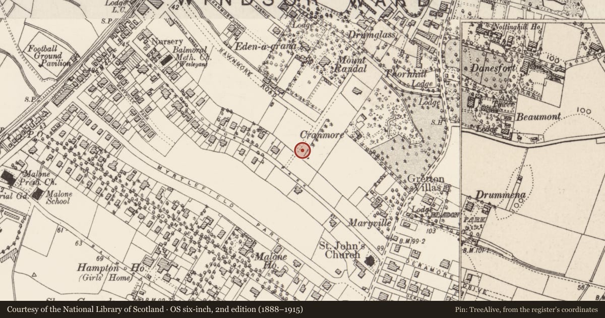 Ordnance Survey six-inch map, 2nd edition (1888–1915) covering the location of Post Box, Malone Lower, Belfast, with a pin at the register's coordinates