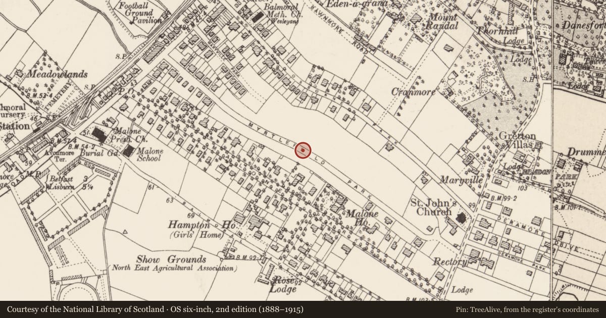 Ordnance Survey six-inch map, 2nd edition (1888–1915) covering the location of Post Box, Malone Lower, Belfast, with a pin at the register's coordinates