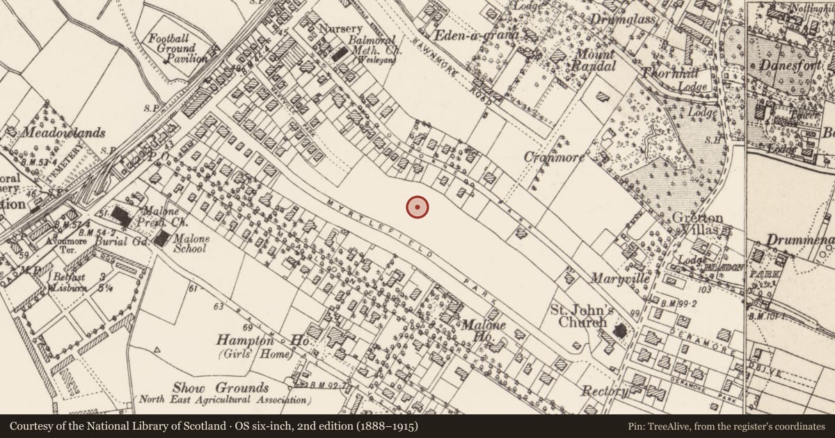Ordnance Survey six-inch map, 2nd edition (1888–1915) covering the location of Post Box, Malone Lower, Belfast, with a pin at the register's coordinates