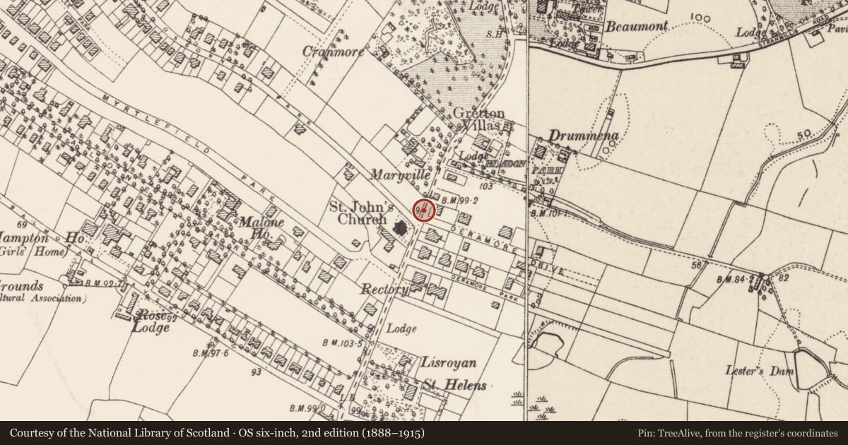 Ordnance Survey six-inch map, 2nd edition (1888–1915) covering the location of Post Box, Malone Lower, Belfast, with a pin at the register's coordinates