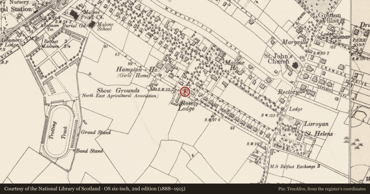 Ordnance Survey six-inch map, 2nd edition (1888–1915) covering the location of Gatescreen to Malone Park Central on Balmoral Avenue, with a pin at the register's coordinates