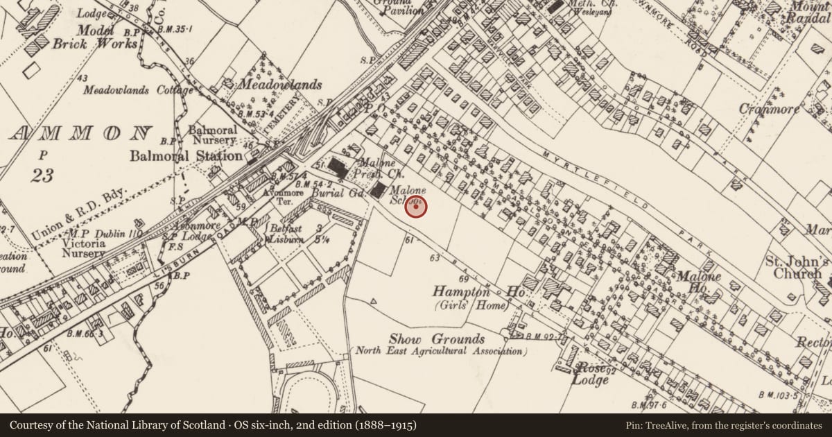 Ordnance Survey six-inch map, 2nd edition (1888–1915) covering the location of 2 & 4 Balmoral Gardens, with a pin at the register's coordinates
