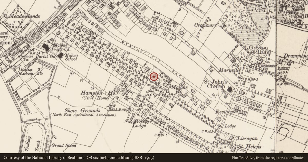 Ordnance Survey six-inch map, 2nd edition (1888–1915) covering the location of 34 Malone Park, with a pin at the register's coordinates