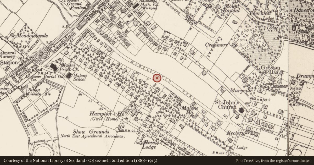 Ordnance Survey six-inch map, 2nd edition (1888–1915) covering the location of 37 Myrtlefield Park, with a pin at the register's coordinates