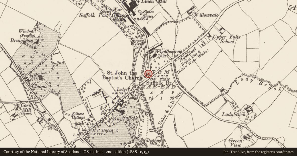 Ordnance Survey six-inch map, 2nd edition (1888–1915) covering the location of St John the Baptist Church, Tom of the Tae-side, Belfast, with a pin at the register's coordinates