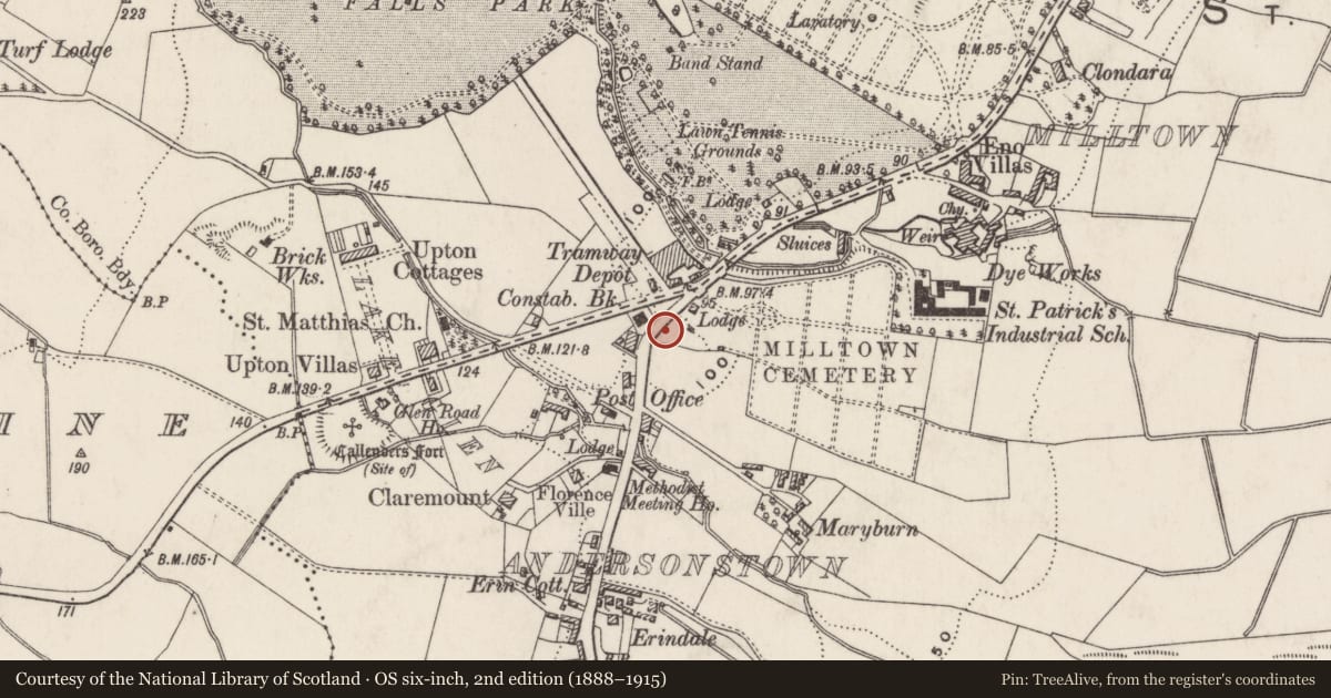 Ordnance Survey six-inch map, 2nd edition (1888–1915) covering the location of Milltown Cemetery, Ballymurphy, Belfast, with a pin at the register's coordinates