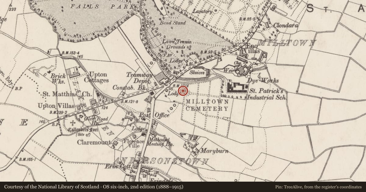 Ordnance Survey six-inch map, 2nd edition (1888–1915) covering the location of Clark Canavan Cross, Ballymurphy, Belfast, with a pin at the register's coordinates