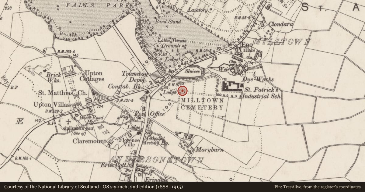 Ordnance Survey six-inch map, 2nd edition (1888–1915) covering the location of Bowen Vault, Ballymurphy, Belfast, with a pin at the register's coordinates