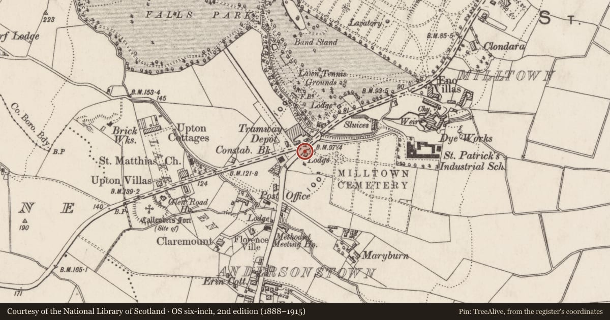 Ordnance Survey six-inch map, 2nd edition (1888–1915) covering the location of Blitz Memorial, Ballymurphy, Belfast, with a pin at the register's coordinates